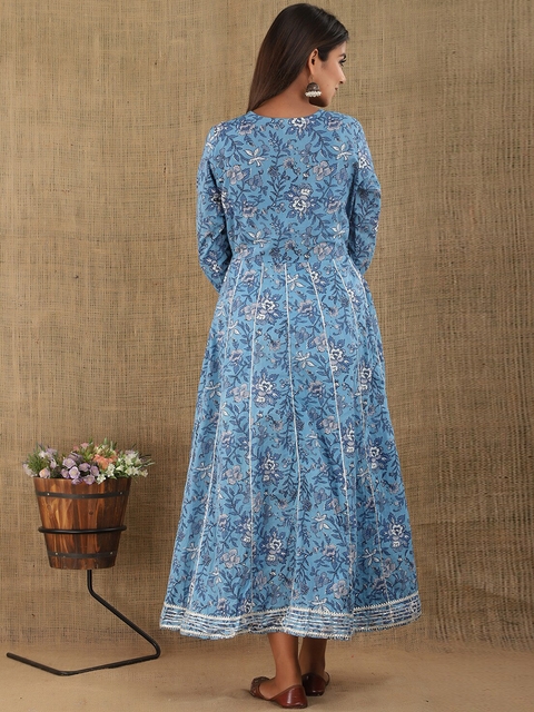 KAAJH Women Blue Embroidered Printed Long Ethnic Dresses