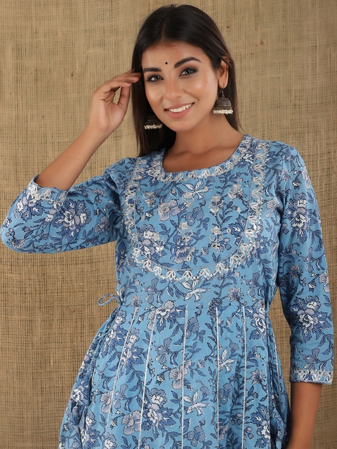 KAAJH Women Blue Embroidered Printed Long Ethnic Dresses
