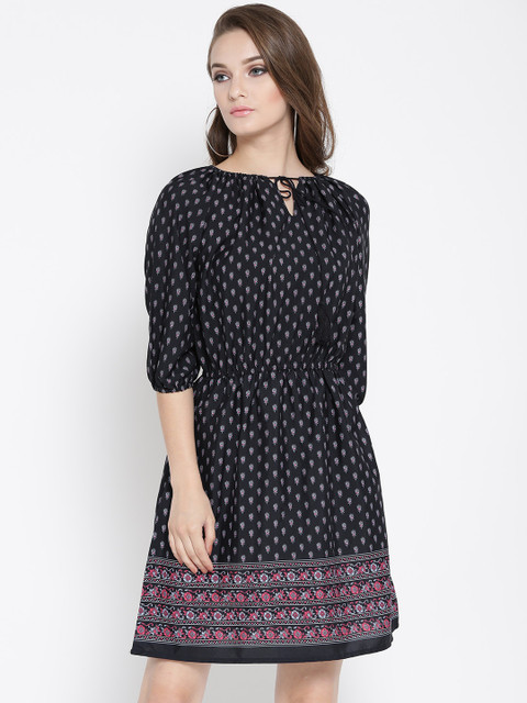 Sera Women Navy Printed Fit and Flare Dress