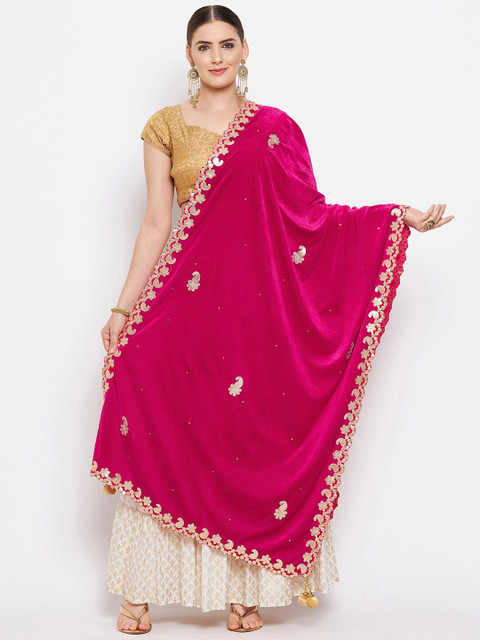 Clora Creation Magenta Embroidered Velvet Dupatta with Gotta Patti