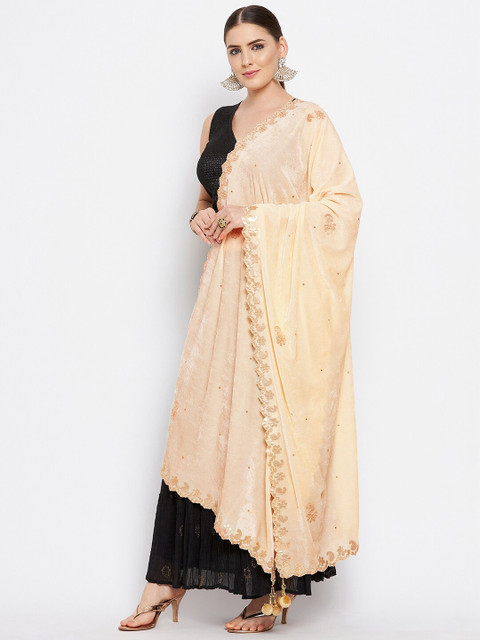 Clora Creation Cream-Coloured & Gold-Toned Embroidered Velvet Dupatta with Gotta Patti - Image 3
