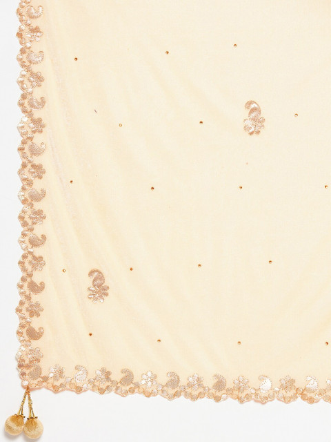 Clora Creation Cream-Coloured & Gold-Toned Embroidered Velvet Dupatta with Gotta Patti - Image 2
