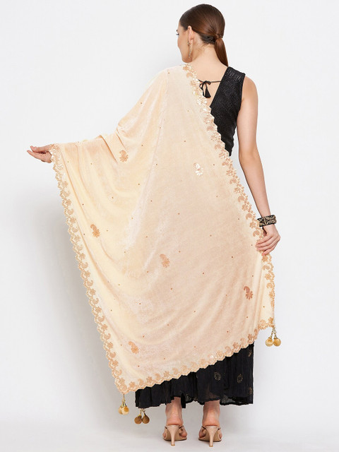 Clora Creation Cream-Coloured & Gold-Toned Embroidered Velvet Dupatta with Gotta Patti - Image 4