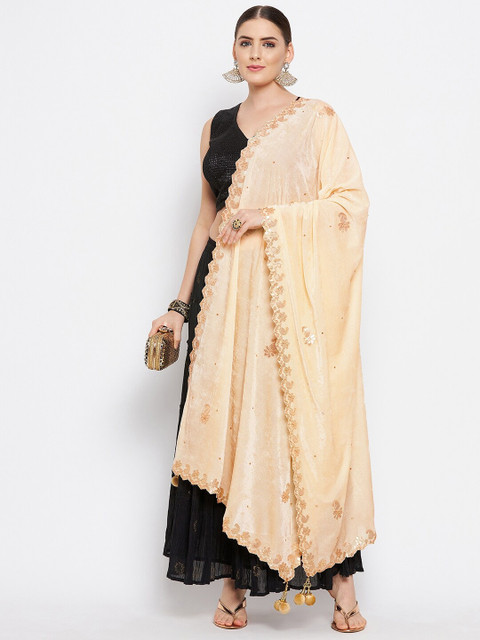 Clora Creation Cream-Coloured & Gold-Toned Embroidered Velvet Dupatta with Gotta Patti - Image 5