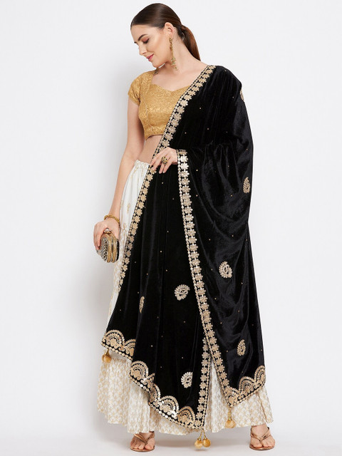 Clora Creation Women Black & Gold-Toned Ethnic Motifs Embroidered Dupatta with Gotta Patti - Image 5