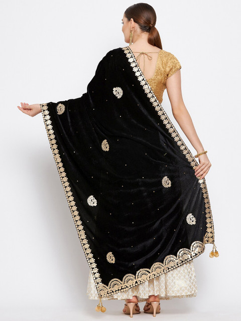 Clora Creation Women Black & Gold-Toned Ethnic Motifs Embroidered Dupatta with Gotta Patti - Image 4