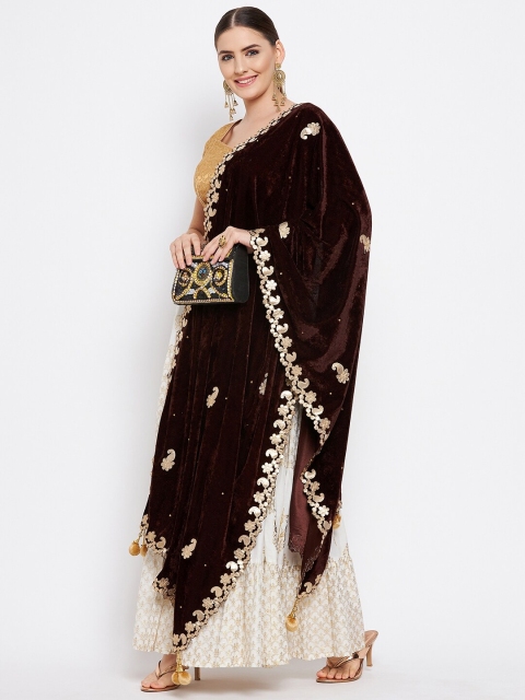 Clora Creation Coffee Brown & Gold-Toned Embroidered Velvet Dupatta - Image 5