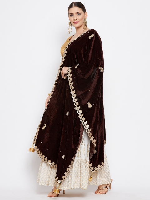 Clora Creation Coffee Brown & Gold-Toned Embroidered Velvet Dupatta - Image 3