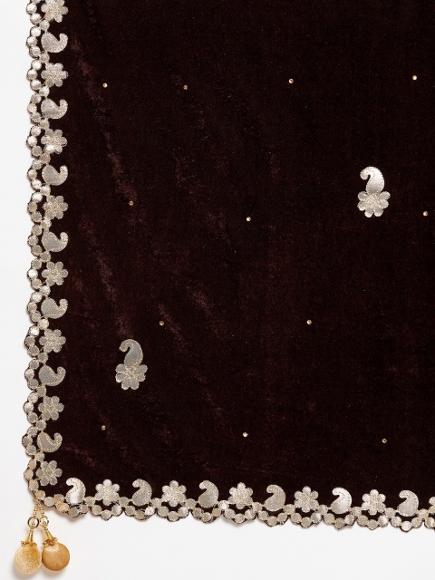 Clora Creation Coffee Brown & Gold-Toned Embroidered Velvet Dupatta - Image 2