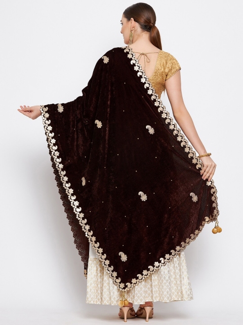 Clora Creation Coffee Brown & Gold-Toned Embroidered Velvet Dupatta - Image 4