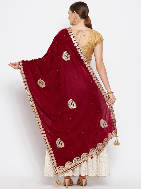 Clora Creation Women Maroon & Gold-Toned Embroidered Velvet Dupatta with Gotta Patti - Image 4