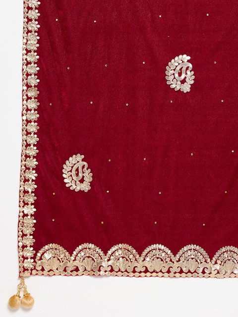 Clora Creation Women Maroon & Gold-Toned Embroidered Velvet Dupatta with Gotta Patti - Image 2