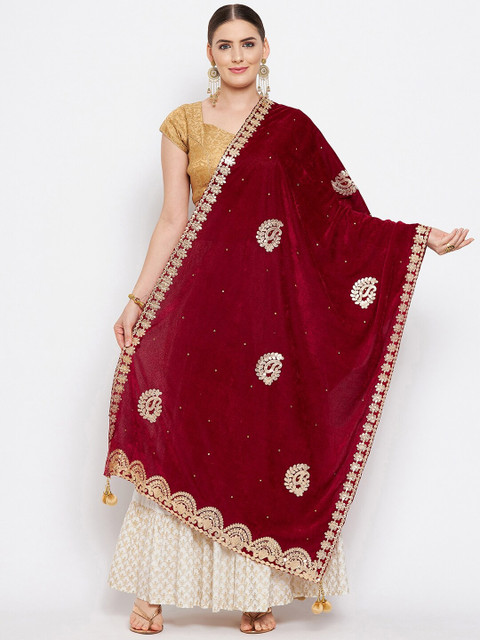 Clora Creation Women Maroon & Gold-Toned Embroidered Velvet Dupatta with Gotta Patti