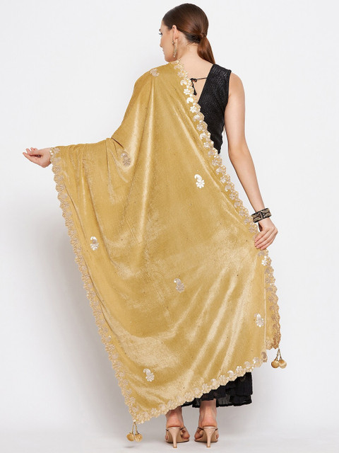 Clora Creation Beige & Gold-Toned Ethnic Motifs Embroidered Velvet Dupatta with Gotta Patti - Image 4