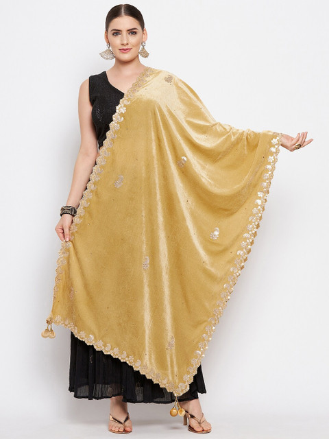 Clora Creation Beige & Gold-Toned Ethnic Motifs Embroidered Velvet Dupatta with Gotta Patti