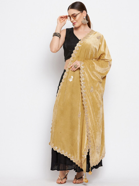 Clora Creation Beige & Gold-Toned Ethnic Motifs Embroidered Velvet Dupatta with Gotta Patti - Image 5