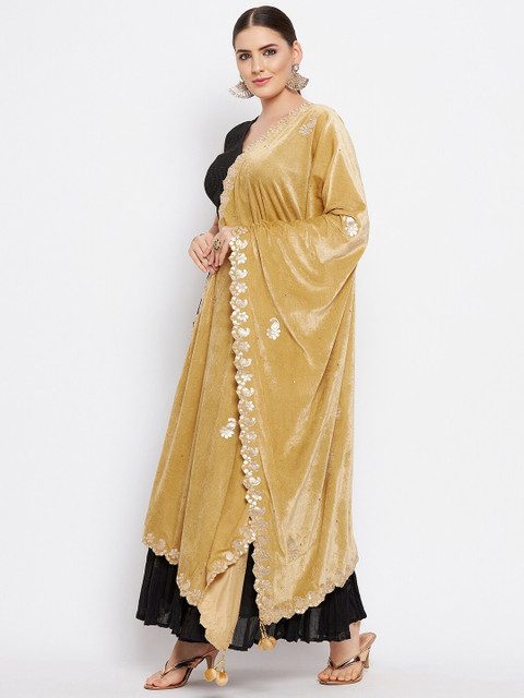 Clora Creation Beige & Gold-Toned Ethnic Motifs Embroidered Velvet Dupatta with Gotta Patti - Image 3