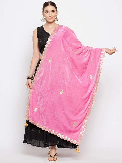 Clora Creation Pink & Gold-Toned Paisley Embroidered Velvet Dupatta with Gotta Patti