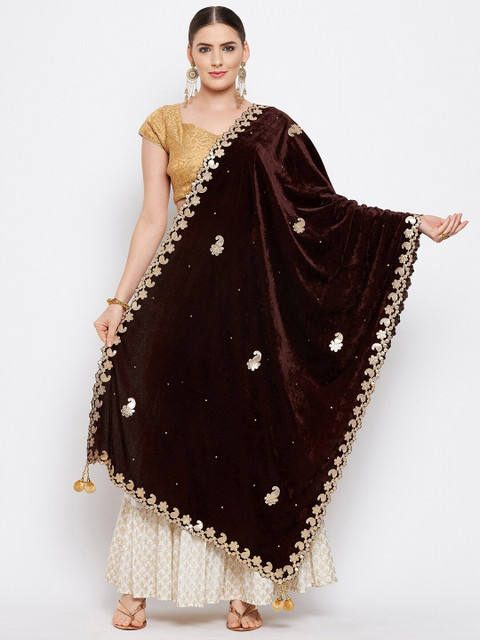 Clora Creation Women Coffee Brown Gotta Patti Embellished Velvet Dupatta