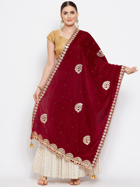 Clora Creation Women Maroon & Gold-Toned Ethnic Motifs Embroidered Velvet Dupatta