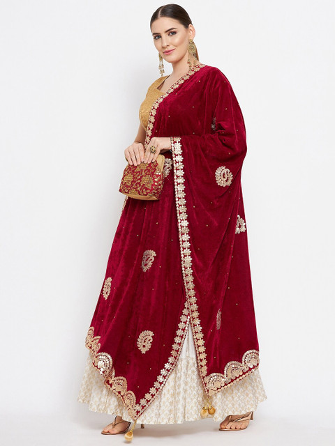 Clora Creation Women Maroon & Gold-Toned Ethnic Motifs Embroidered Velvet Dupatta - Image 5
