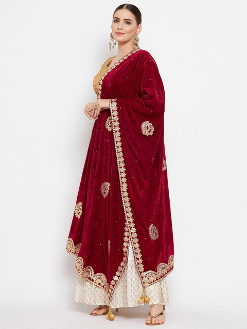 Clora Creation Women Maroon & Gold-Toned Ethnic Motifs Embroidered Velvet Dupatta - Image 3