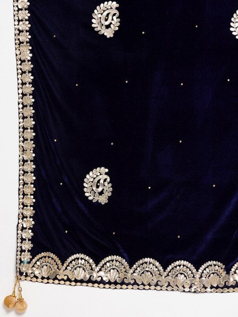 Clora Creation Navy Blue & Gold-Toned Ethnic Motifs Embroidered Velvet Dupatta with Gotta Patti - Image 2