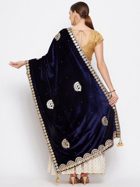 Clora Creation Navy Blue & Gold-Toned Ethnic Motifs Embroidered Velvet Dupatta with Gotta Patti - Image 4