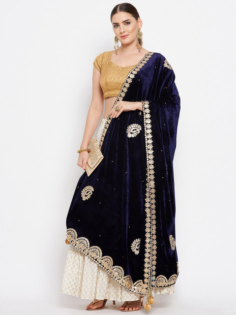 Clora Creation Navy Blue & Gold-Toned Ethnic Motifs Embroidered Velvet Dupatta with Gotta Patti - Image 5