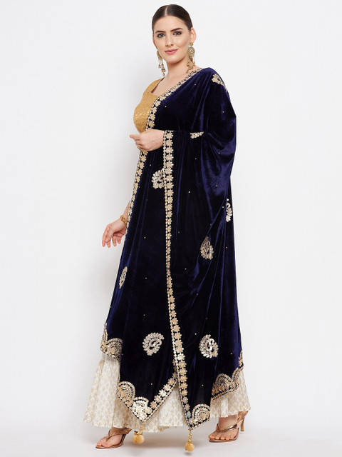 Clora Creation Navy Blue & Gold-Toned Ethnic Motifs Embroidered Velvet Dupatta with Gotta Patti - Image 3
