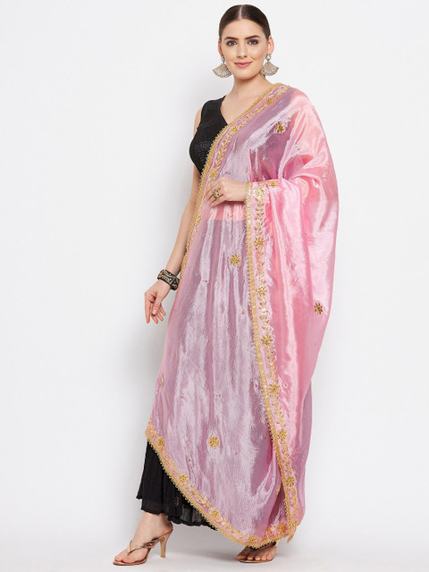 Clora Creation Pink & Gold-Toned Embroidered with Beads and Stones Dupatta - Image 3