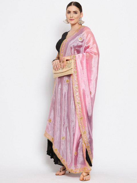 Clora Creation Pink & Gold-Toned Embroidered with Beads and Stones Dupatta - Image 5