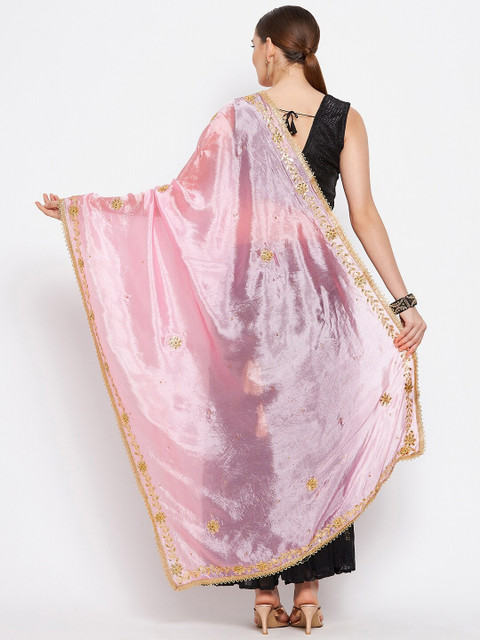 Clora Creation Pink & Gold-Toned Embroidered with Beads and Stones Dupatta - Image 4