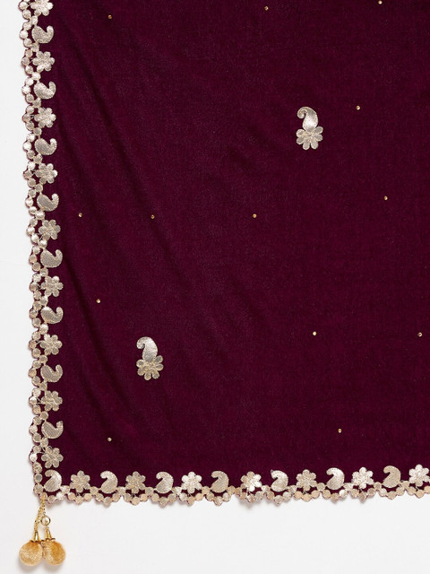 Clora Creation Burgundy & Gold-Toned Embroidered Velvet Dupatta with Gotta Patti - Image 2