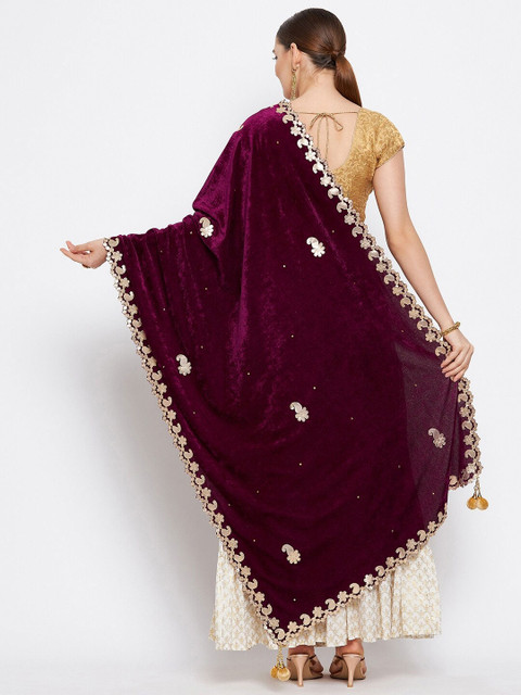 Clora Creation Burgundy & Gold-Toned Embroidered Velvet Dupatta with Gotta Patti - Image 4