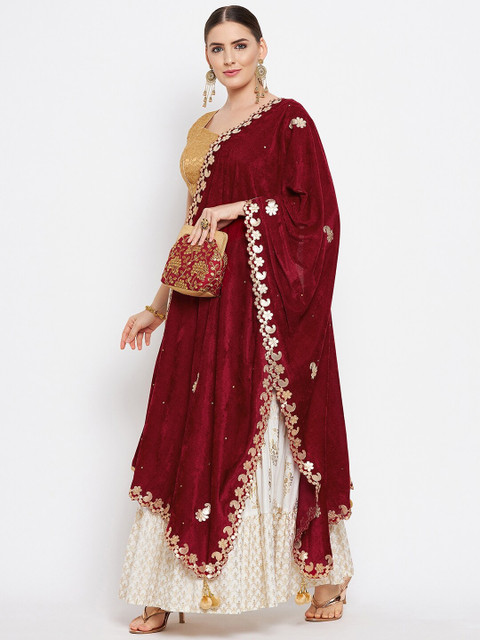 Clora Creation Navy Blue & Gold-Toned Embroidered Velvet Dupatta With Beads And Stones - Image 5