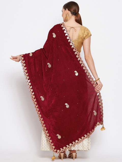 Clora Creation Navy Blue & Gold-Toned Embroidered Velvet Dupatta With Beads And Stones - Image 4