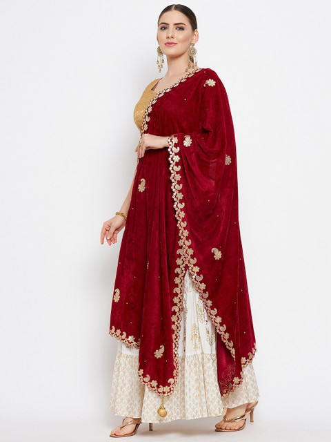 Clora Creation Navy Blue & Gold-Toned Embroidered Velvet Dupatta With Beads And Stones - Image 3