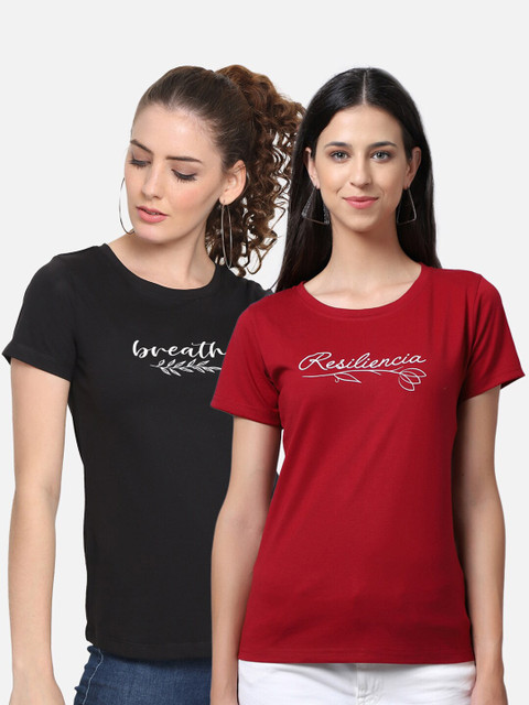 UnaOne Plus Size Women Pack Of 2 Maroon Typography Pure Cotton T-shirt