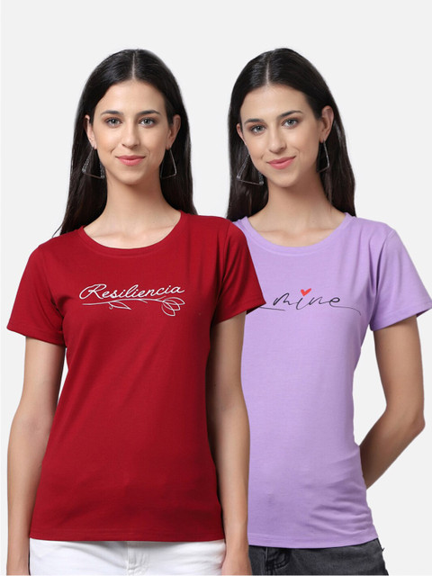 UnaOne Plus Size Women Pack Of 2 Maroon & Purple Typography Printed Pure CottonT-shirt