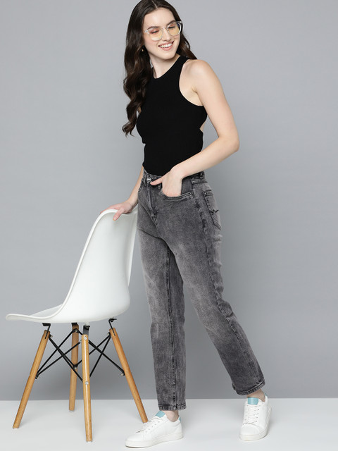 Mast & Harbour Women Charcoal Grey Straight Fit Light Fade Stretchable Jeans