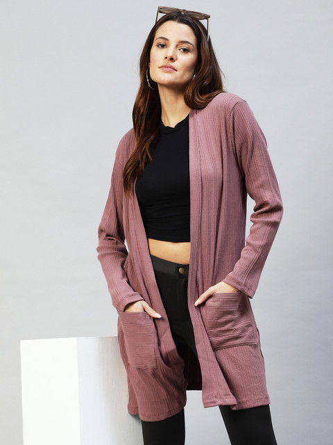 Rigo Women Mauve Self Design Longline Shrug
