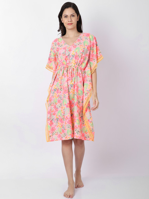 Aoba Women Pink Printed Kaftan Swim Cover Up Dress