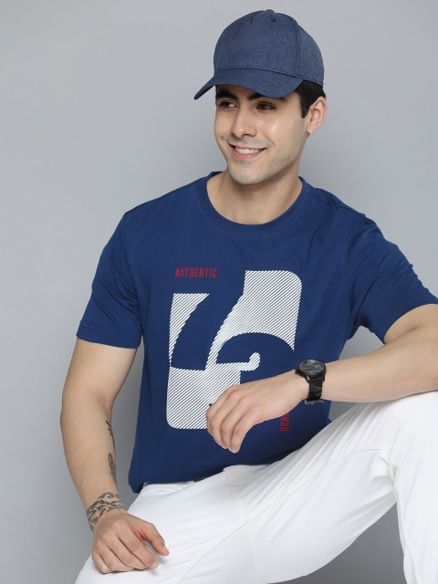 HERE&NOW Men Navy Blue & Off White Typography Printed Pure Cotton T-shirt