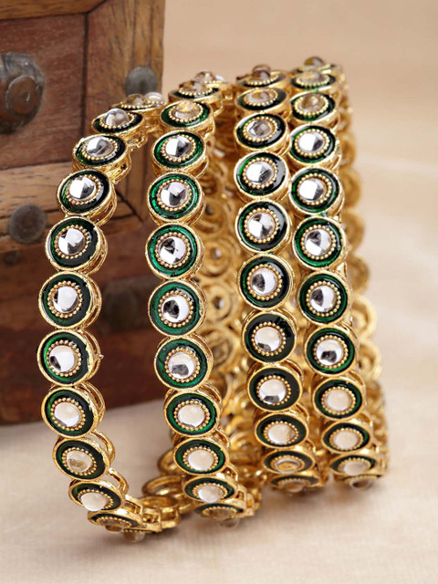 KARATCART Set of 4 Gold-Plated & Green Kundan-Studded Rajwadi Bangles