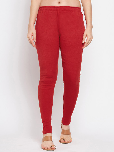 Clora Creation Women Red Solid Woolen Ankle-Length Leggings
