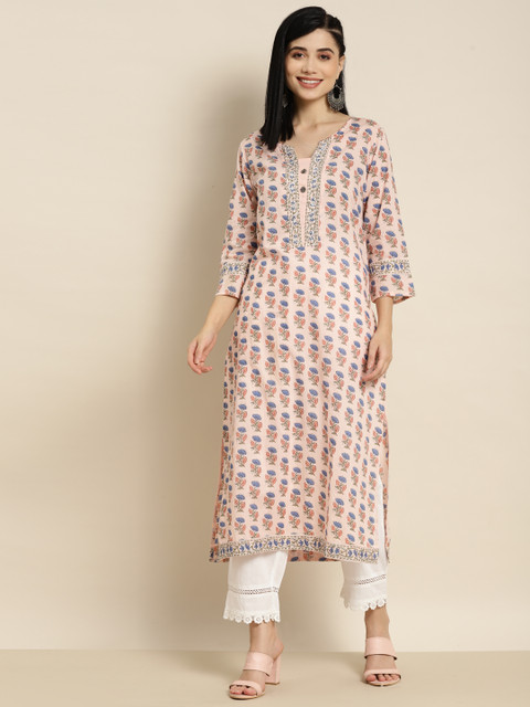 Rain & Rainbow Women Coral & Blue Cotton Printed Floral Kurta