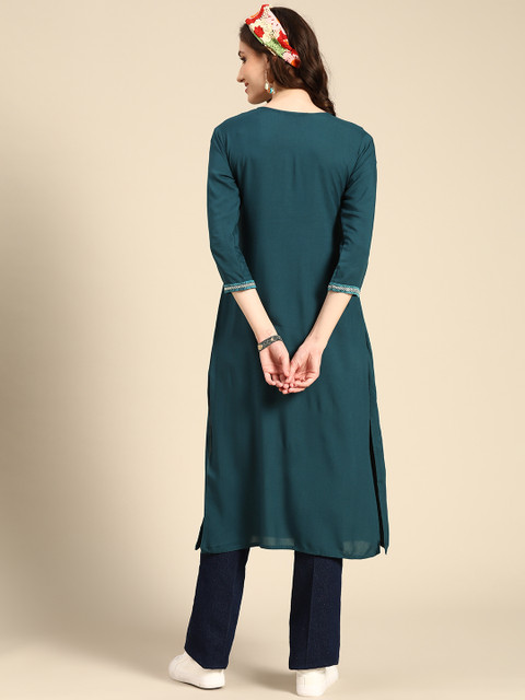 Sangria Women Teal Ethnic Motifs Embroidered Indigo Kurta - Image 5