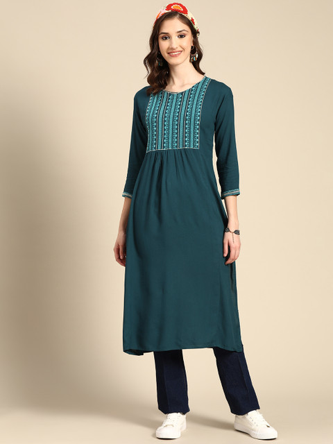 Sangria Women Teal Ethnic Motifs Embroidered Indigo Kurta - Image 3