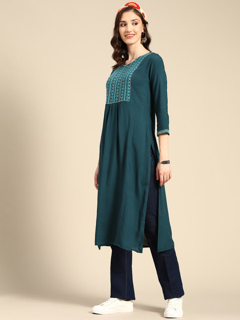Sangria Women Teal Ethnic Motifs Embroidered Indigo Kurta - Image 4